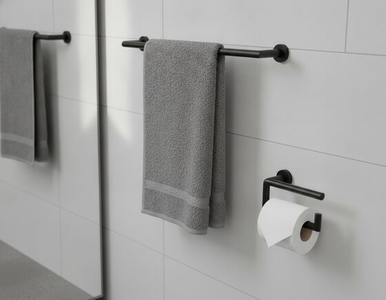 Wall-mounted toilet roll holder in a neutral bathroom