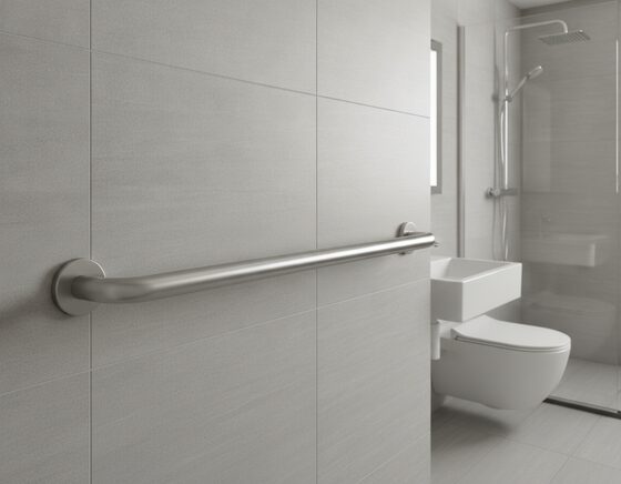 Accessible box-rim toilet suite with a raised pan height in a bathroom