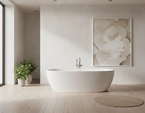Back-to-wall corner bath set into the corner of a bathroom