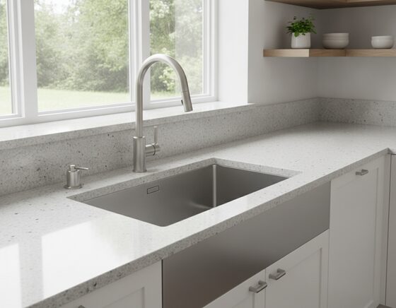 Stainless steel undermount sink set into a stone benchtop