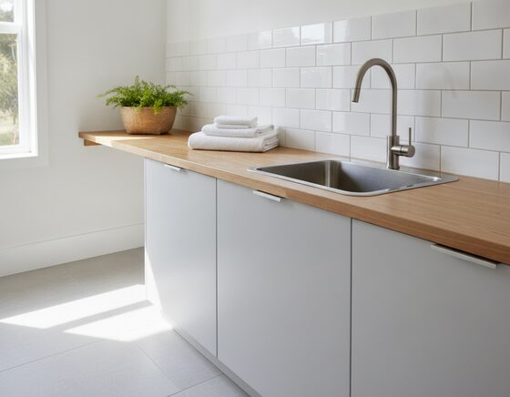 Stainless steel laundry tub set into a cabinet with a mixer tap and timber benchtop