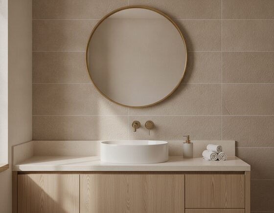 Small 450 by 600 millimetre bathroom mirror with a matte black frame