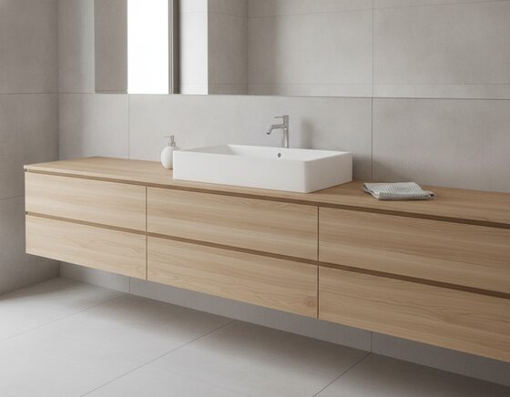 Rectangular white ceramic basin on a floating timber vanity