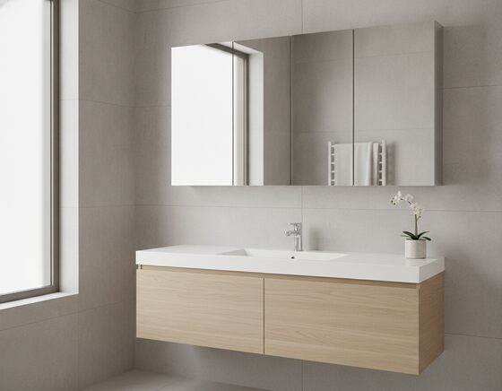 Extra-wide shaving cabinet with a dark timber-look finish above a large vanity