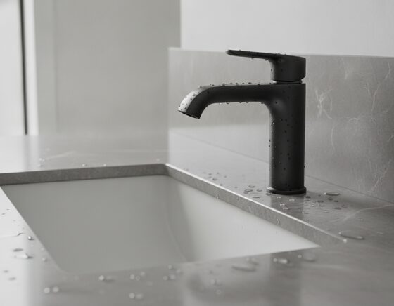 Matte black basin mixer tap on a white ceramic basin