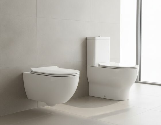 Modern wall-hung and back-to-wall toilet suites in a neutral tiled bathroom